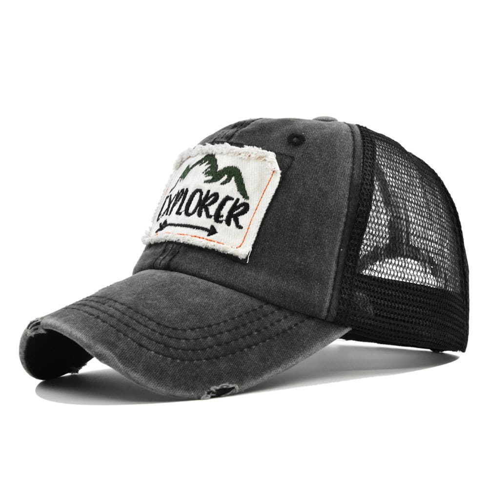 TEMU Distressed Embroidery Baseball Explorer Embroidered Hat Mesh Duckbill Curved Brim Net