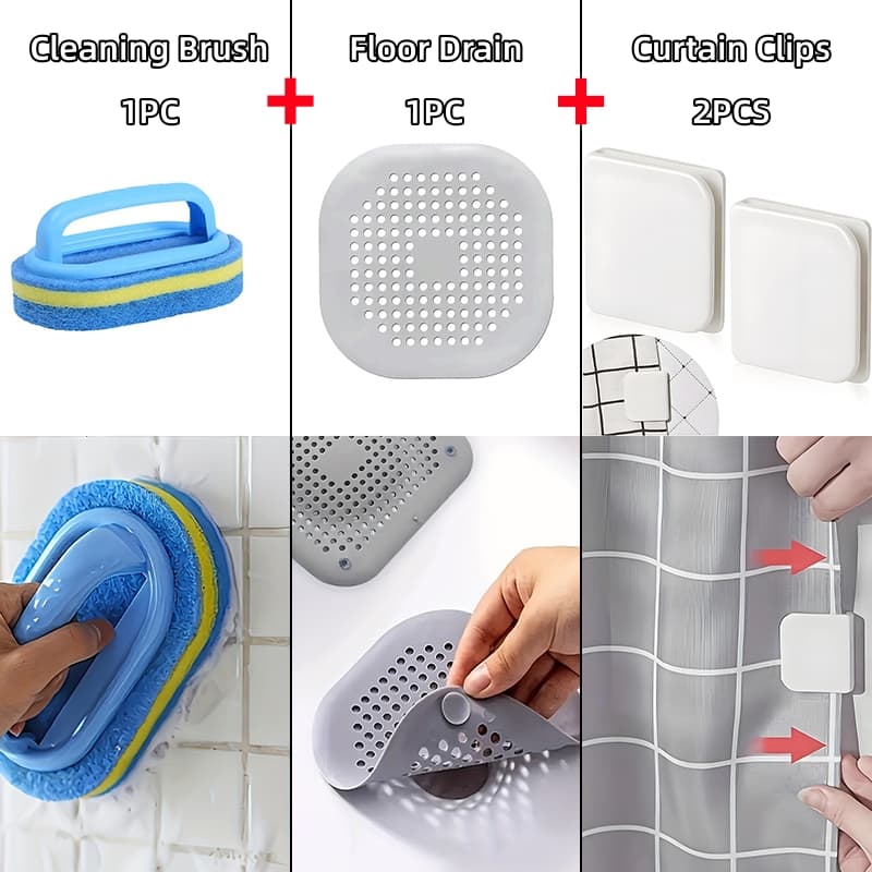TEMU [4pcs Set] Bathroom Cleaning Tools Kit - 1pc Practical Sponge Brush + 1pc Drain Stoppers + 2pcs Self-adhesive Curtain Clips, For Organizing, Halloween Christmas Holiday Gifts