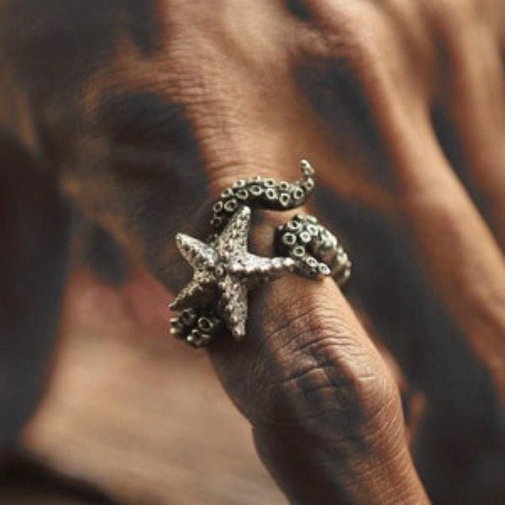 TEMU A Vintage Octopus And Starfish Ring Made Of Antique Silver Plated Alloy For Men, Featuring A Nautical Style With Adjustable , Suitable For Finger Sizes Approximately 1.7-2cm In Diameter