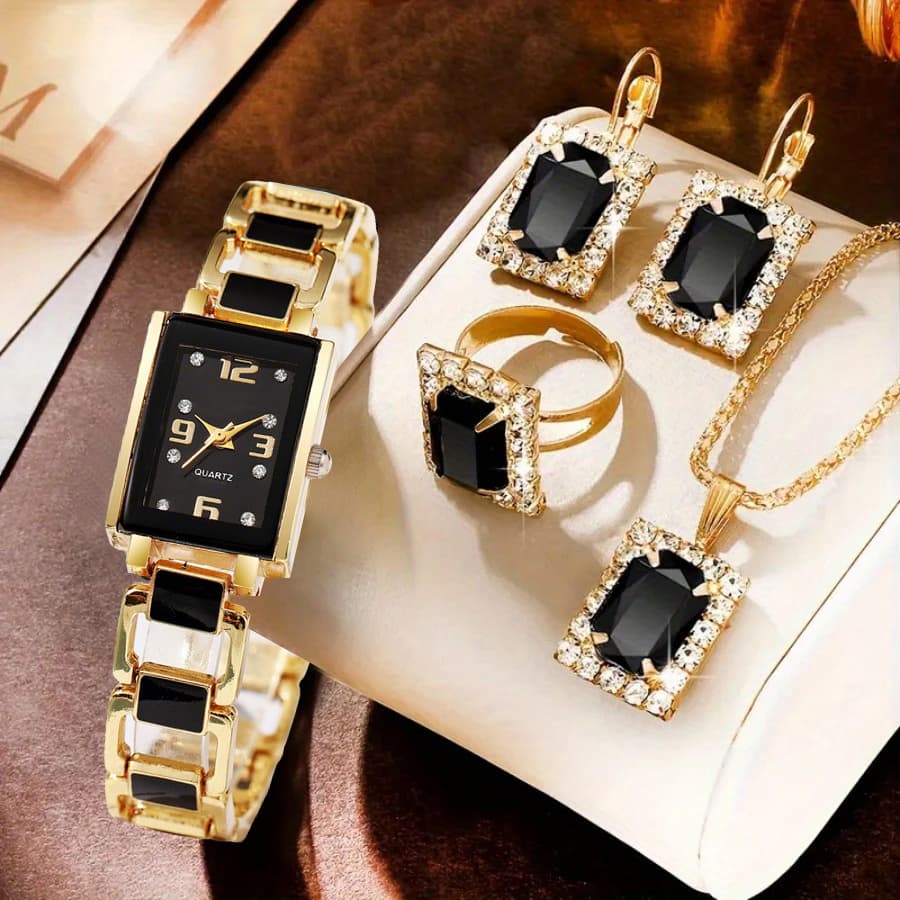 TEMU 5pcs Elegant Women's Watch And Jewelry Set, Easy And Fashionable Square Watch With Square Jewelry Set, Ladies' Necklace Earrings And Ring, Suitable For Daily Decoration Wear