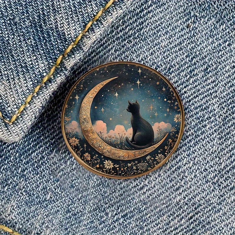 TEMU 1pc Moon Cat Night Sky Golden Resin Round Brooch Badge - Celestial Black Cat With Stars & Design, Durable Decorative Pin For Backpacks, Hats, Clothes, Shoes & Boots