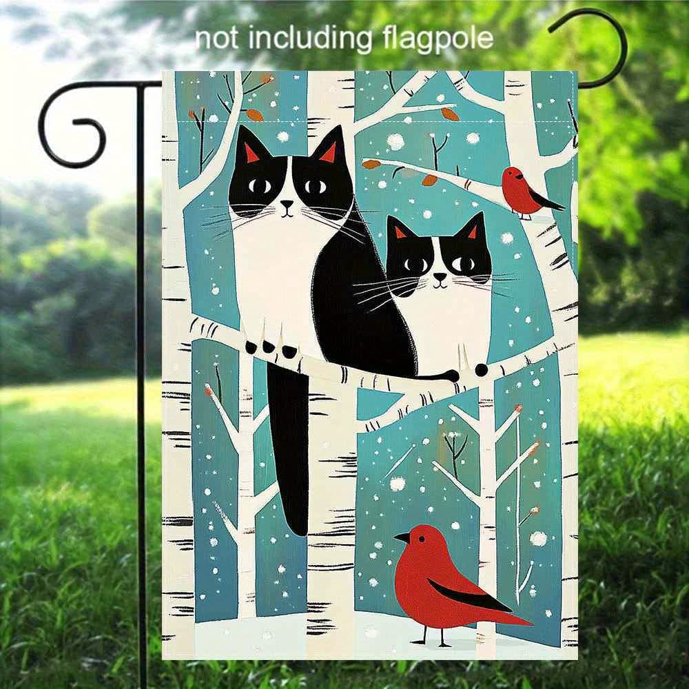 TEMU 2d Flat, 1pc Double-sided Printed Garden Flag, Linen Material, No Flagpole Included, 2d Flat Print, Cat & Bird Garden Flag, 2d Flat