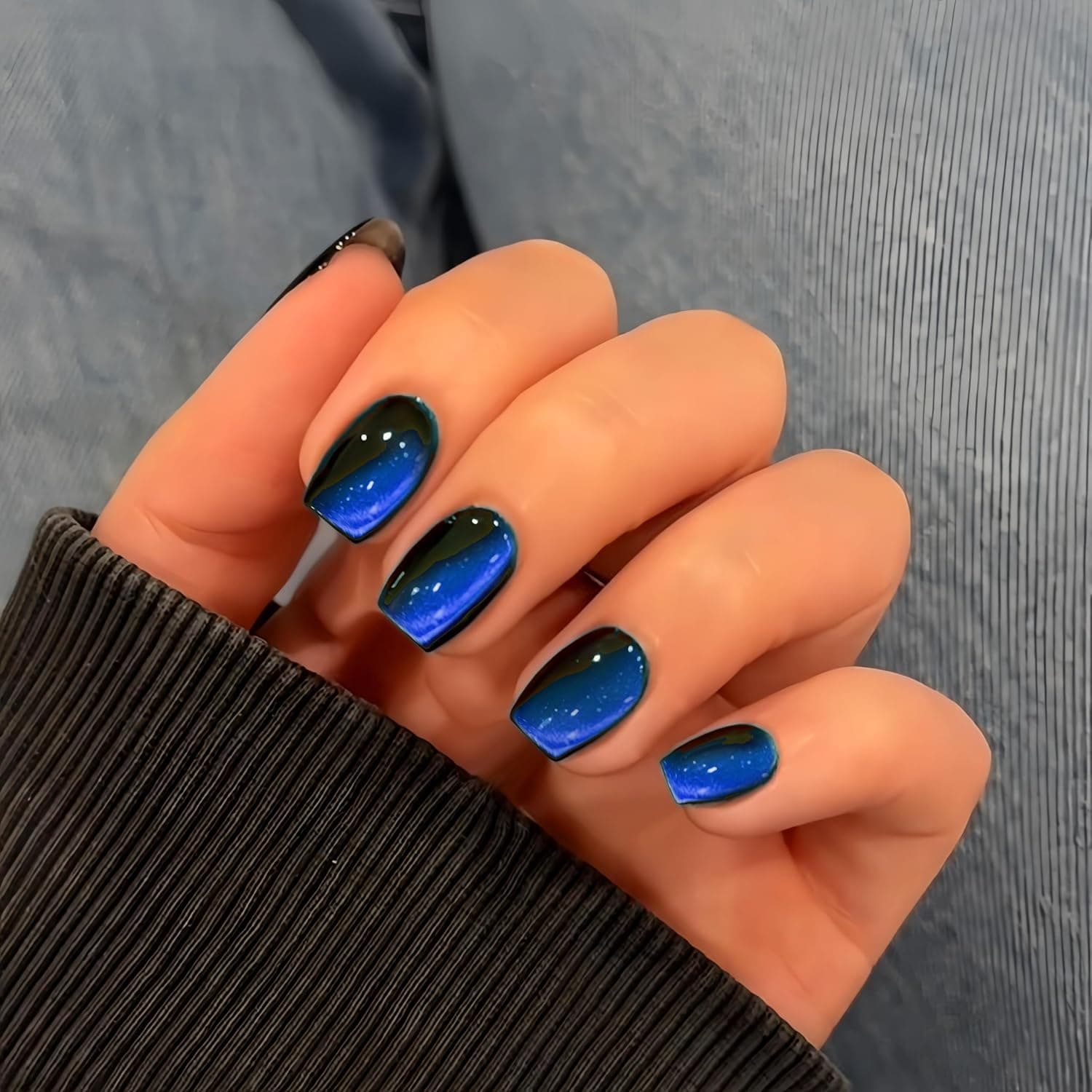 TEMU Royal Blue Cat Eye Press On Nails Short, 60pcs Glitter Press On Nails Coffin Shape, Sparkly Bling Chrome Fake Nails Press On Short Square, Reusable Luxury Soft Gel Glue On Nail For Women