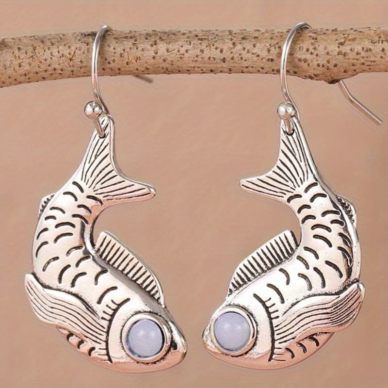 TEMU Bohemian Retro Style Silvery Koi Earrings Copper Products Women's Fish Earrings Daily Beach Ear Accessories