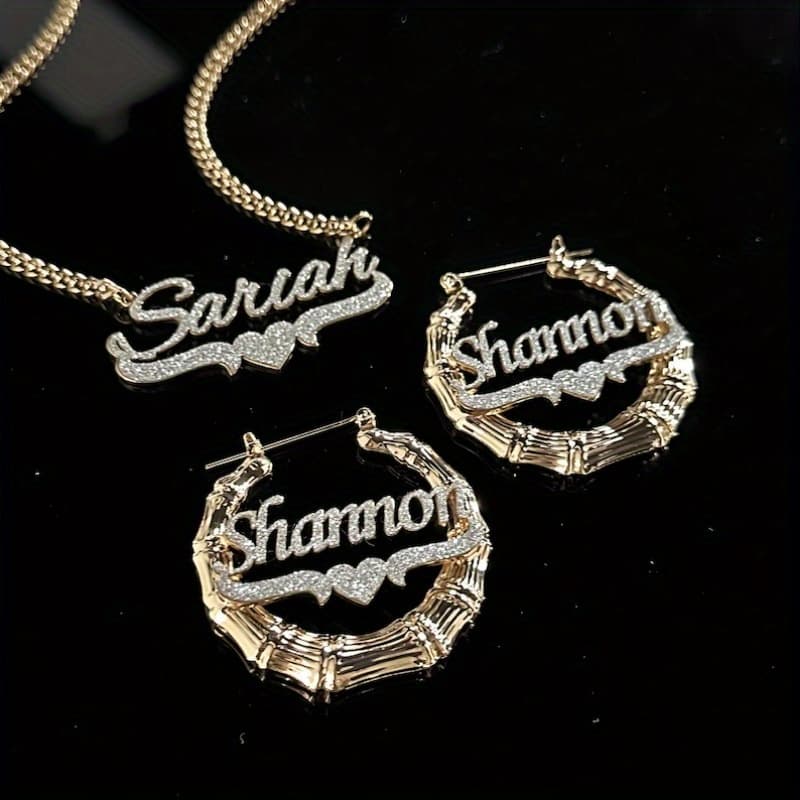 TEMU 2pcs Custom Name Jewelry Set, Custom Name Necklace, Bling Name Bamboo Earrings, Personalized Nameplate Jewelry Set, Custom Jewelry Set Gift For Women