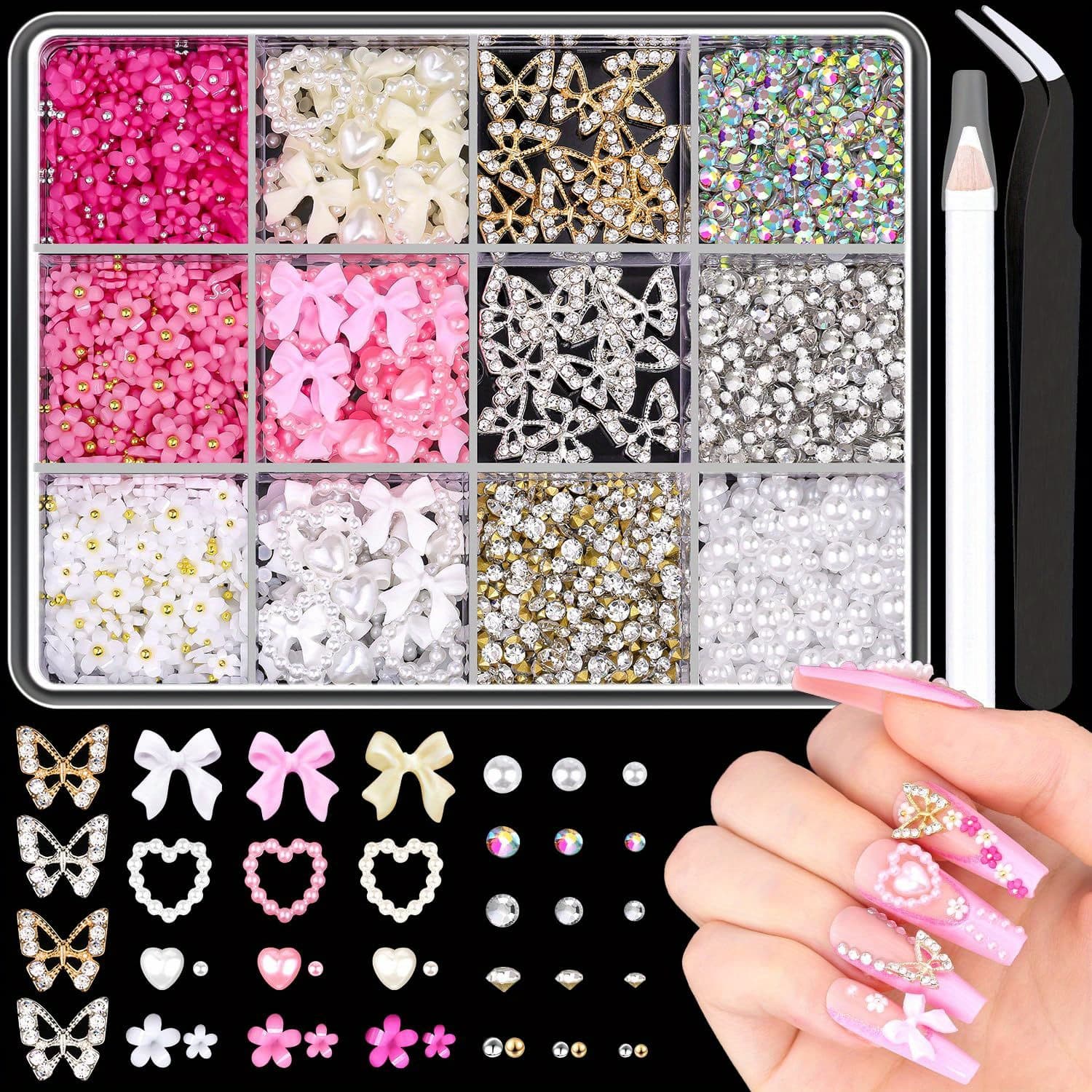 TEMU 3d Nail Charms And Gems Set 7, 20pcs Chunky Charms + 75pcs Coquette Nail Bows And Hearts + 3d Flowers For Nails With Rhinestones,, And Picker Tools For Y2k Nail Decor