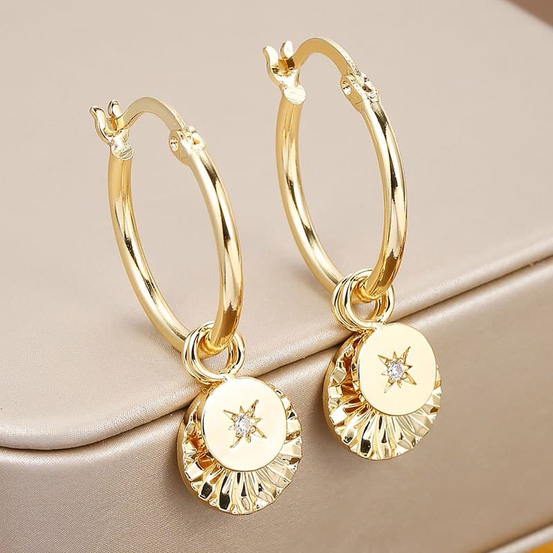 TEMU Fashion Zirconia Star Double Circles Drop Hoop Earrings For Women Daily Casual Party Banquet Exquisite Earrings Jewelry
