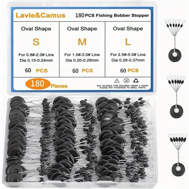 TEMU & 180pcs Black Rubber Bobber Stoppers - Oval Shape, 6-in-1 Float Stop Kit For S, M, L Sizes, Ideal For 0.8-2.0mm Line Diameter, ||durable Fishing Gear, Fishing Tackle