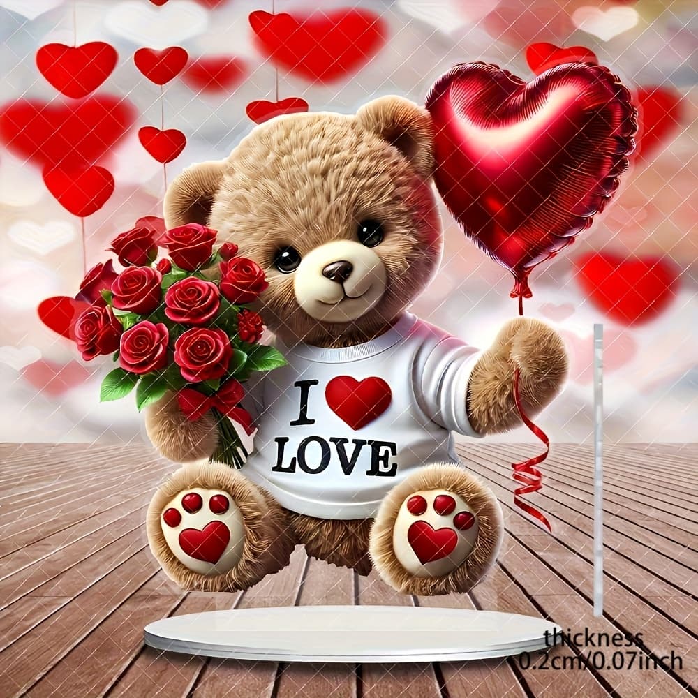 TEMU 2d Flat, 1pc, 2d Acrylic Flat, Bohemian Style Acrylic Teddy Bear With Rose And Heart Balloon- "i Love" Design, 8.7x7.87 Inches- Suitable For Home, Office, Garden, Ideal Gift, 2d Flat
