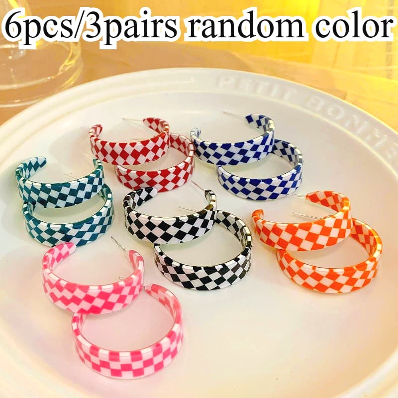 TEMU 6pcs/ 3pairs Random Color Acrylic Checkerboard Contrast Color Earrings Set Easy Exaggerated Earrings Set Suitable For Daily Vacation Multiple Scenes Valentine's Day Anniversary Best Gift For