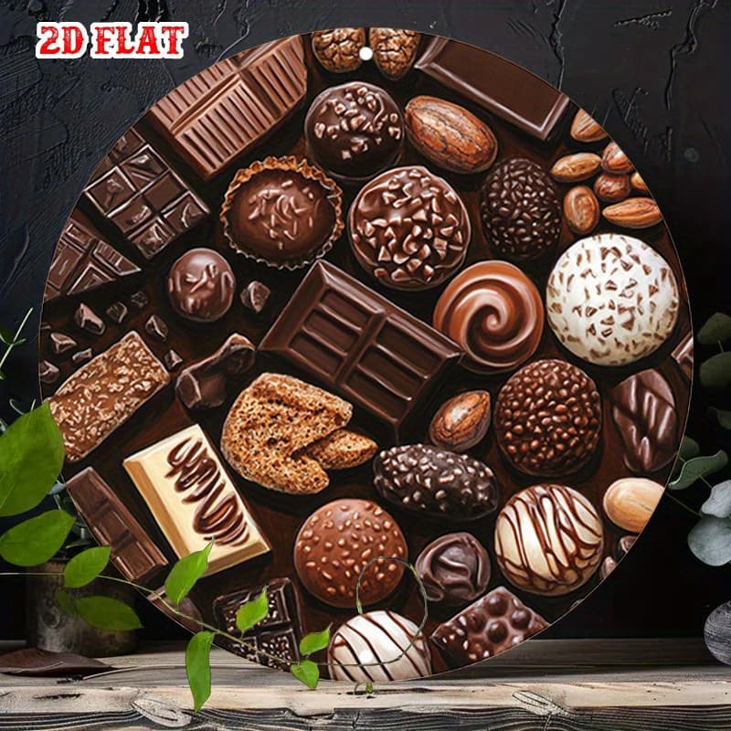 TEMU 2d Flat, 2d Flat 1pc Vintage Tin Sign, Display Chocolate Assortment With Nuts And Caramel Round Photo Print, Artistic Beach House Backyard, , 2d Flat, Room Decoration, 2d Flat