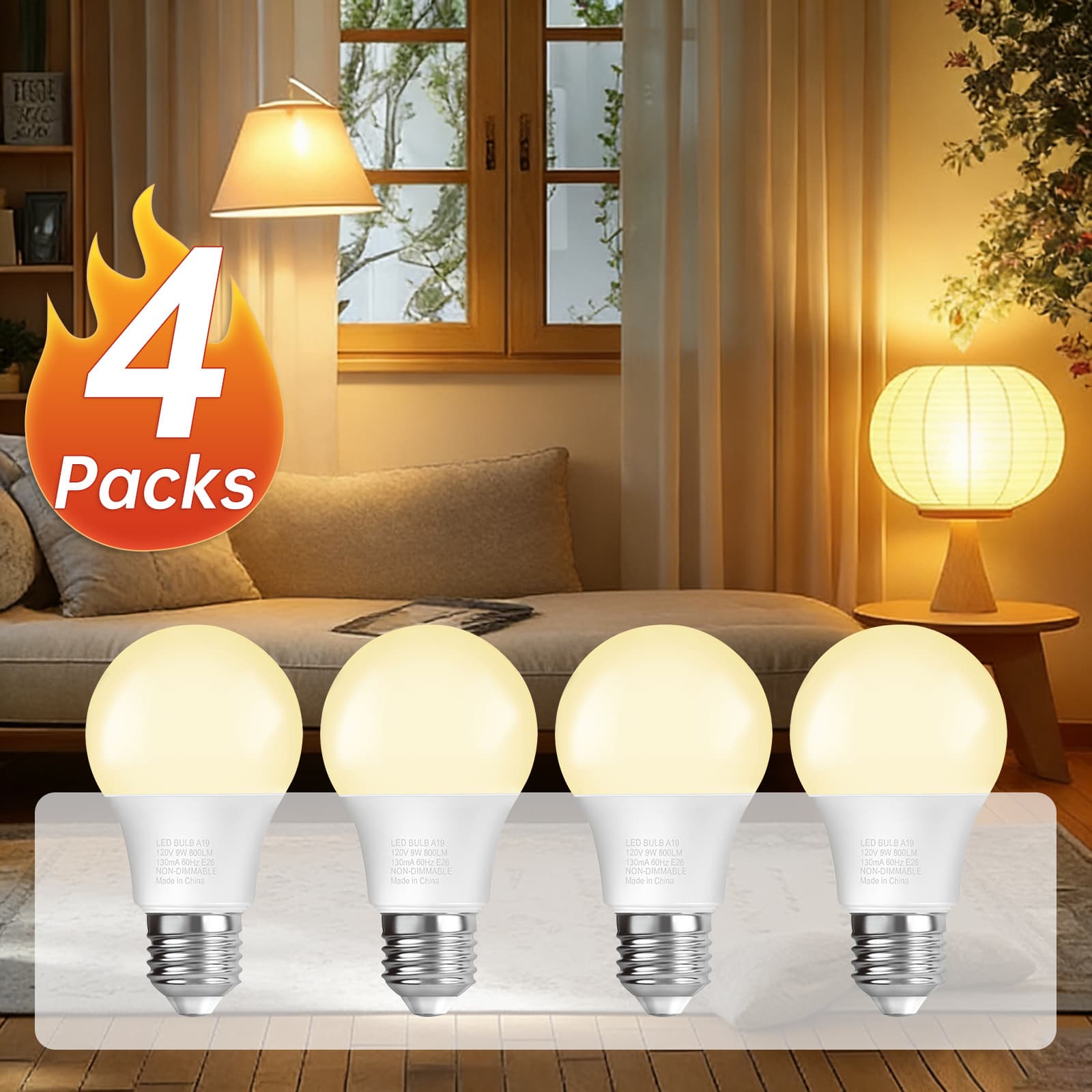 TEMU 4 Pack Led Bulb A19 9w 60w Equivalent E26 Base 3000k Warm White 800lm Non-dimmable Non-flickering Lamp For Home Office Bedroom