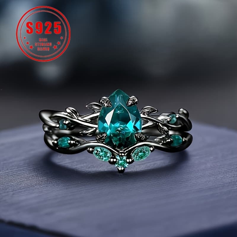 TEMU 925 Gothic Style Black Ring With Synthetic Grape Pear Design, Suitable As A Birthday Stone, Christmas Theme, Suitable For Daily And Party Occasions, Seasonal Jewelry Gift