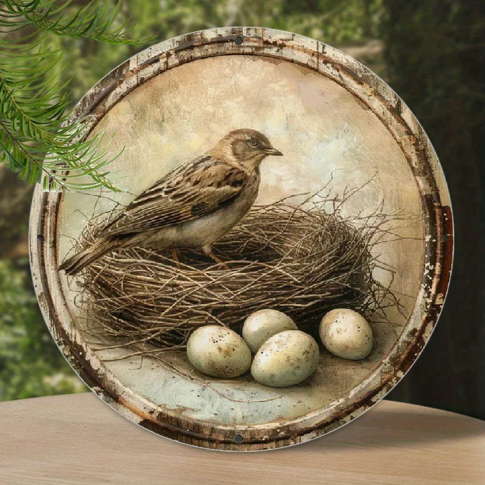 TEMU 1pc Rustic Vintage Nest & Eggs Aluminum Wall Art, 7.87x7.87 Inch - Pre-drilled, Reusable Metal Tin Sign For Indoor/outdoor Decor, Ideal For Home, Cafe, Garage, Easter Spring Decor, Bird Decor