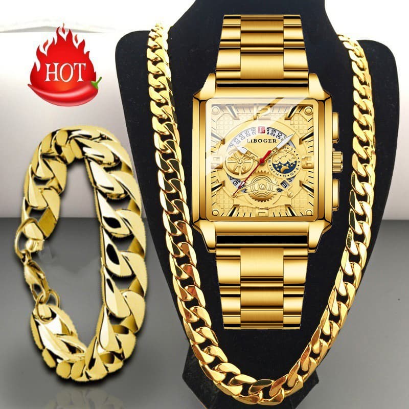 TEMU Men' Steel Watch & Set With Matching Bracelet & Necklace - Square Quartz Wristwatch, Date Display, Business/casual Watch For Dad, Husband, Boyfriend Gift (birthday, Present)