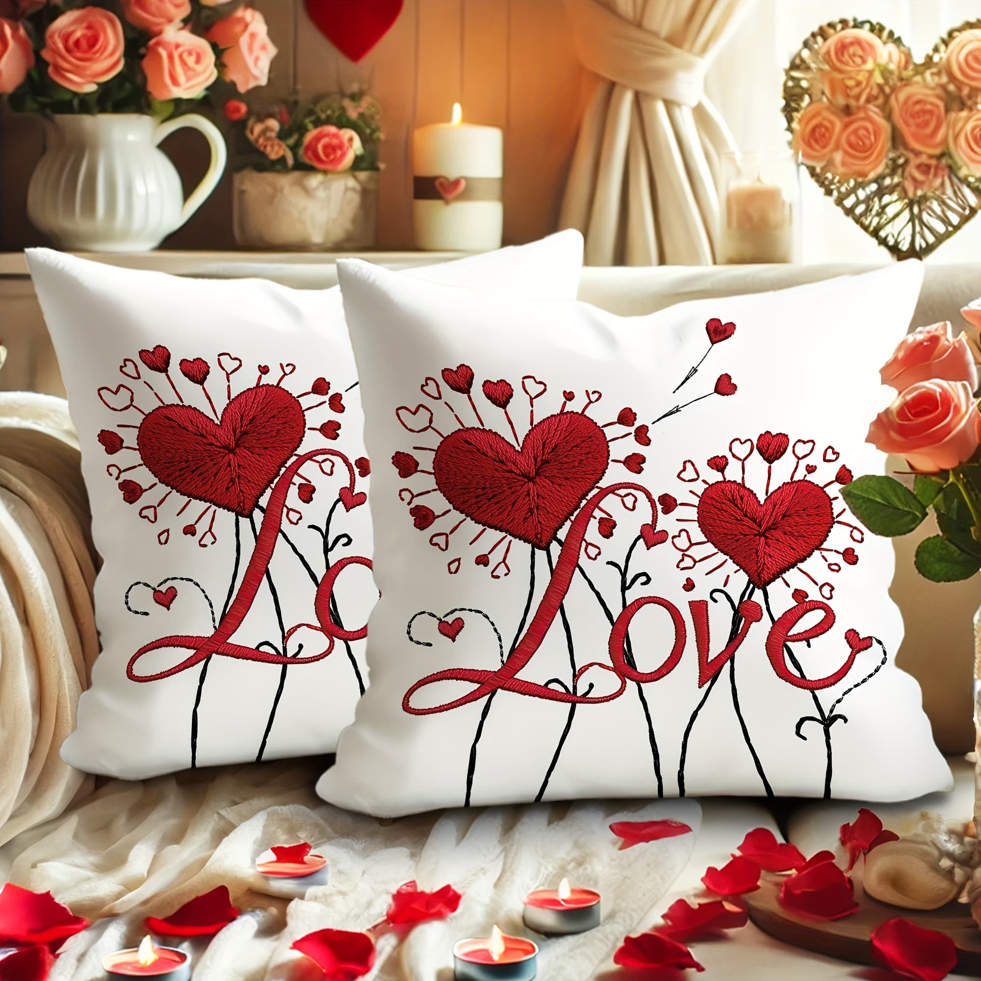 TEMU Set Of 2 Stylish Red Heart And Love Decorative Pillow Covers - 18x18 Inch Soft Polyester Cases With Zipper Fastening
