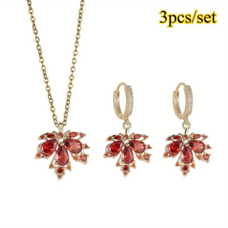 TEMU Set Of 3pcs Including A Necklace And Earrings Featuring A Beautiful Leaf Design, With Shiny Synthetic Zirconia. This Bohemian-style Jewelry Is Elegant And Exquisite