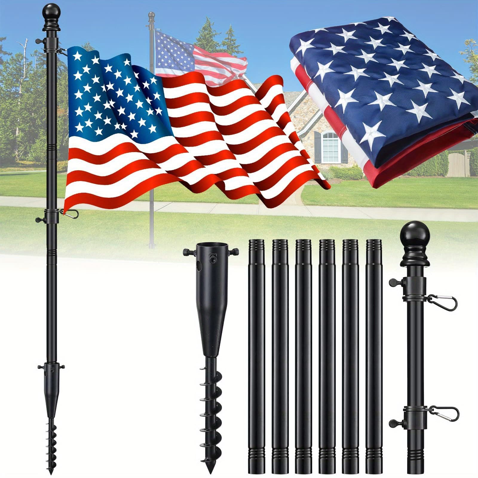 TEMU Flag Poles For 3x5 Flags Outdoor - 8/9/10ft Free Stainless Steel Flagpole With With Spiral Ground Piles Inserted Into , Portable Flag Pole Kit For Outdoor Rv , Black