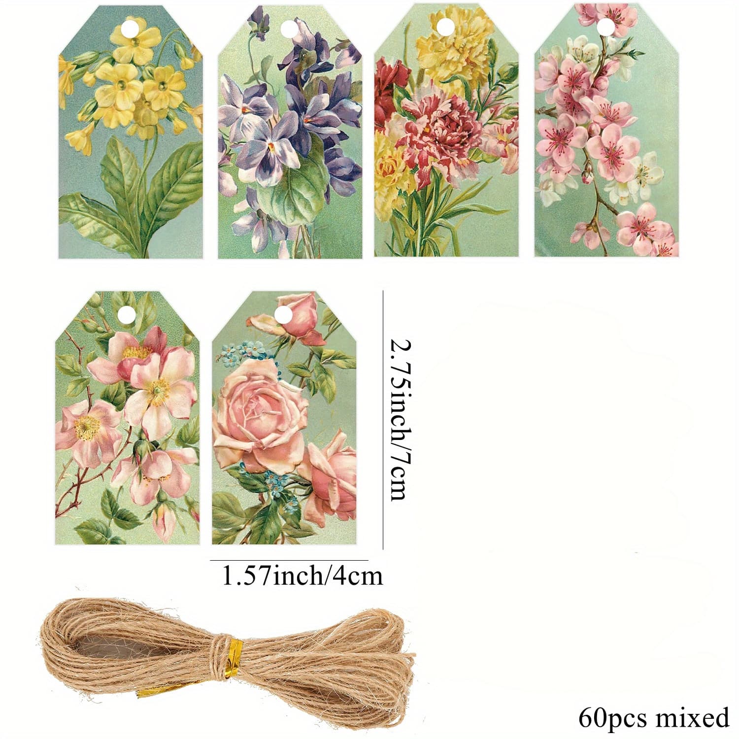 TEMU 60pcs/ Set Vintage Flower Hanging Tags Multi Type Flowers Gifts Paper Labels For Wedding Birthday Celebrating Party Decorations Diy Crafts Packaging Supplies
