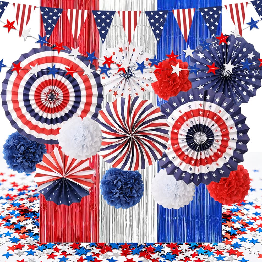 TEMU Day Party Decorations, Paper Fans And Banner Set, Usa 250th Anniversary Patriotic Party Supplies With Foil Fringe Backdropin, 15pcs