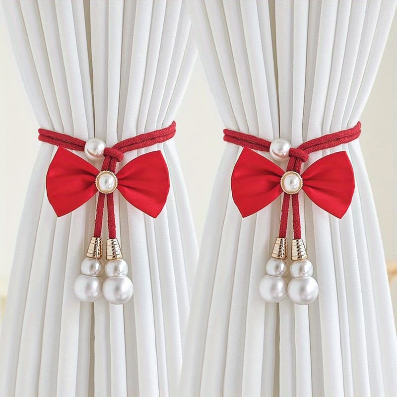 TEMU 2pcs Elegant Artificial Pearl Curtain Tiebacks, Adjustable Curtain Rings With Cute Bow Decor, Suitable For Bedroom, Living Room, Bathroom, Kitchen, Study