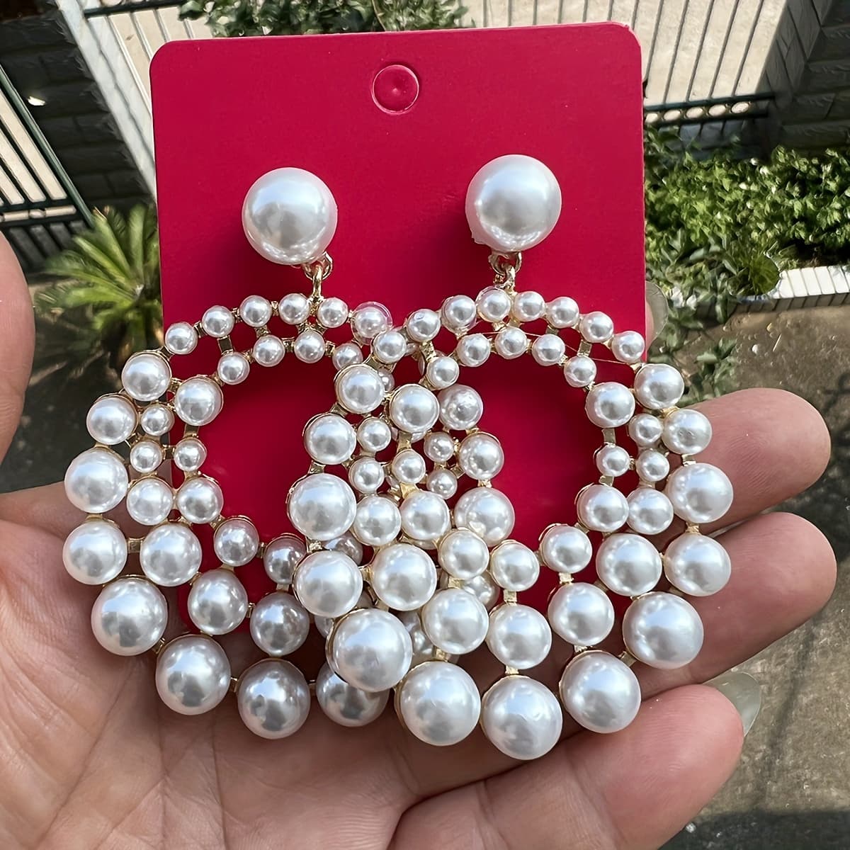 TEMU Elegant Pearl Chandelier Dangle Earrings, Retro , Ethnic Style Textured Large Earrings, Fashion Women's Dangle Earrings