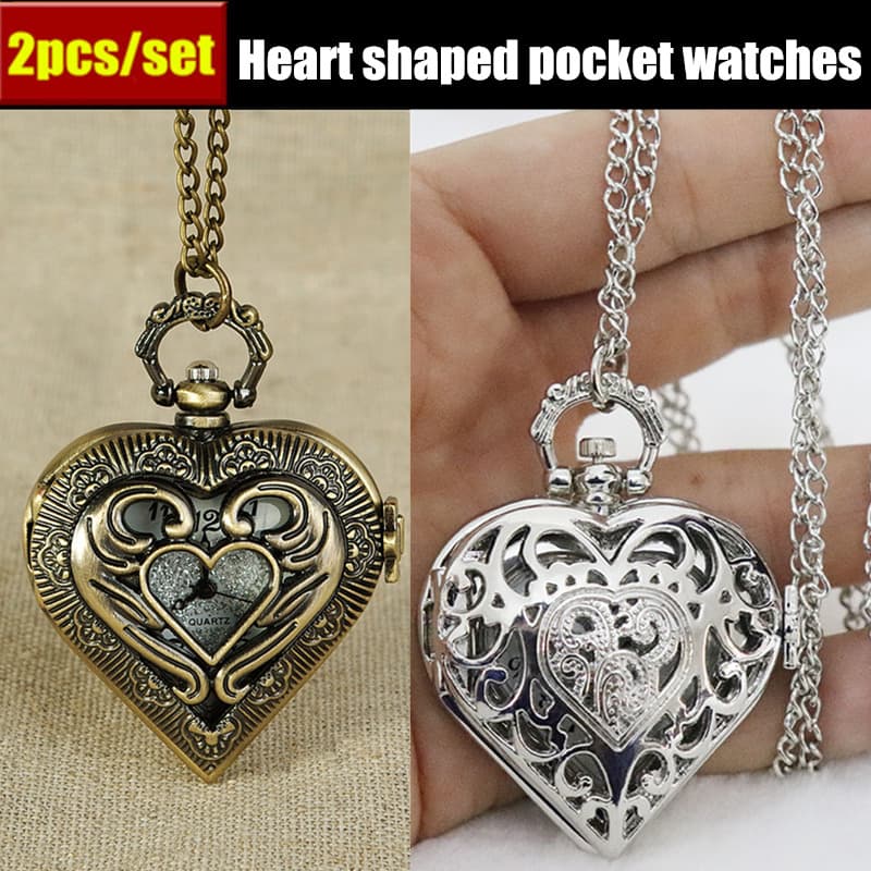 TEMU 2pcs/set Pocket Watches, Hollow Heart-shaped Necklace Pocket Watch, Exquisite Romantic Quartz Necklace Pocket Watch, Ideal Valentine's Day Gift