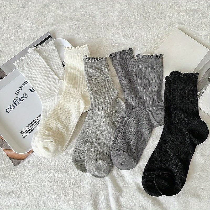 TEMU 5 Pairs Spring And Summer Fashion Solid Color Hollow Mesh Eyelets Tube Socks Thin Style Easy Pile Socks