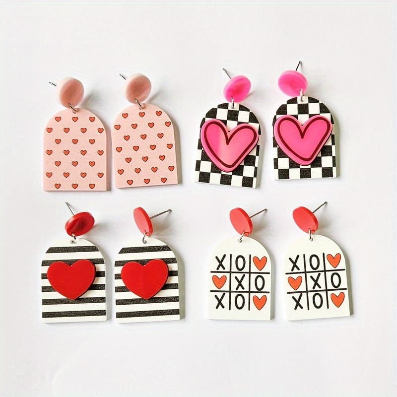 TEMU 4 Pairs Vibrant Heart-shaped Dangle Earrings, Acrylic Geometric Pattern, Cute , Lightweight Earrings, Valentine's Day Gift Idea For Lovers, Couples,