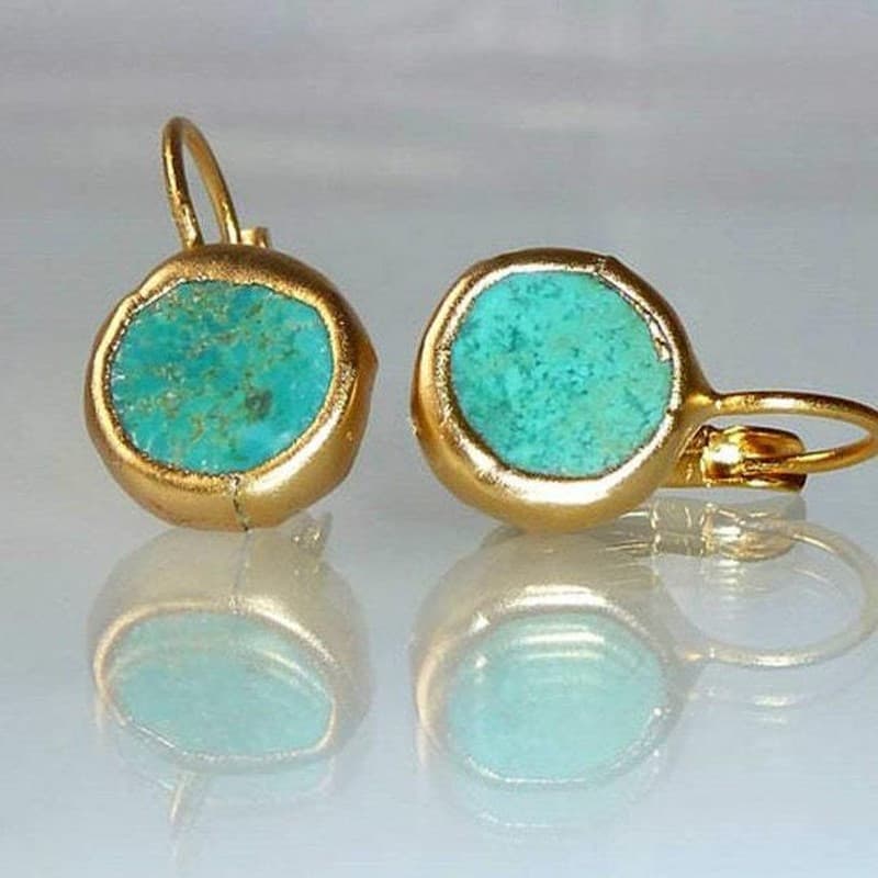 TEMU 2pcs Retro Golden-tone Hoop Earrings With Turquoise Stone Accents - Elegant Vintage Design For Everyday & Party Wear, Valentine's Day Gift For Women