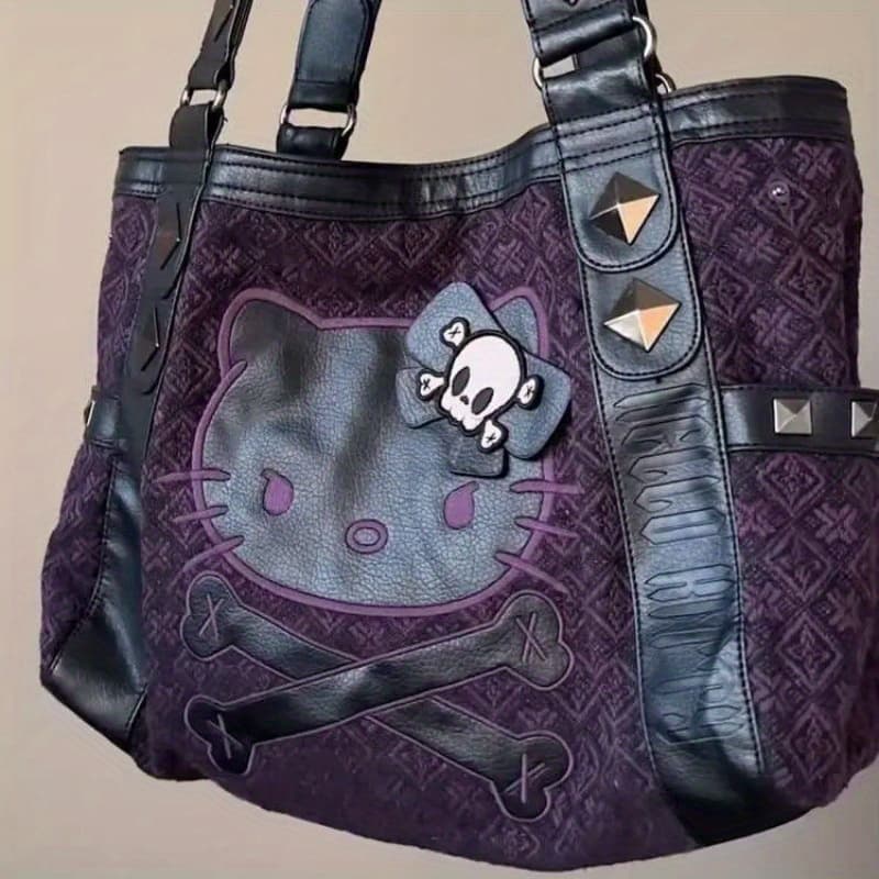 TEMU Hello Kitty Gothic Vintage Purple Handbag With Black Embellishments Durable Nylon, Zipper Closure, Underarm Bag, Skull & Design, Studded Details, Y2k Style For Daily Use