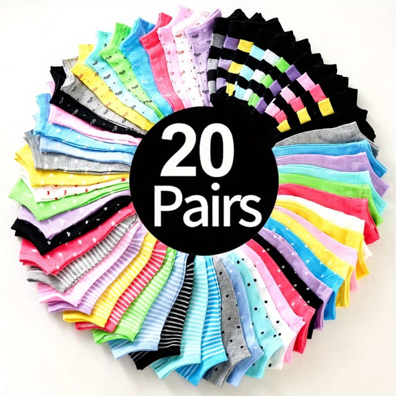 TEMU 20 Pairs Of Fashion - Soft, Breathable, Comfortable With Interesting Patterns (hearts, Stripes, Dots) And Bright Colors, In Random Colors, Women's Socks, Holiday Gifts