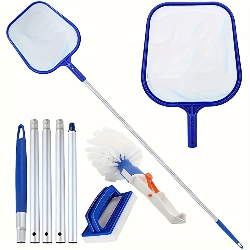 TEMU Three-piece Set Of Swimming Pool Cleaning Suit, 5 Aluminum Rods, Skimmer And Pool Brush, Suitable For For Garden And Pond, Pool, Etc.