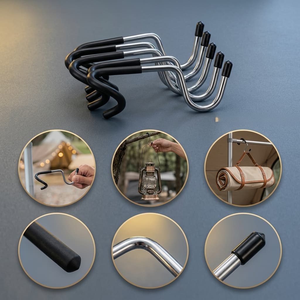 TEMU 5-pack Stainless Steel Hooks, Punch-free Non-slip Design, Outdoor Camping Tent Pole Hangers, Balcony Light Pole Storage Hooks, Universal Light Hook Additions