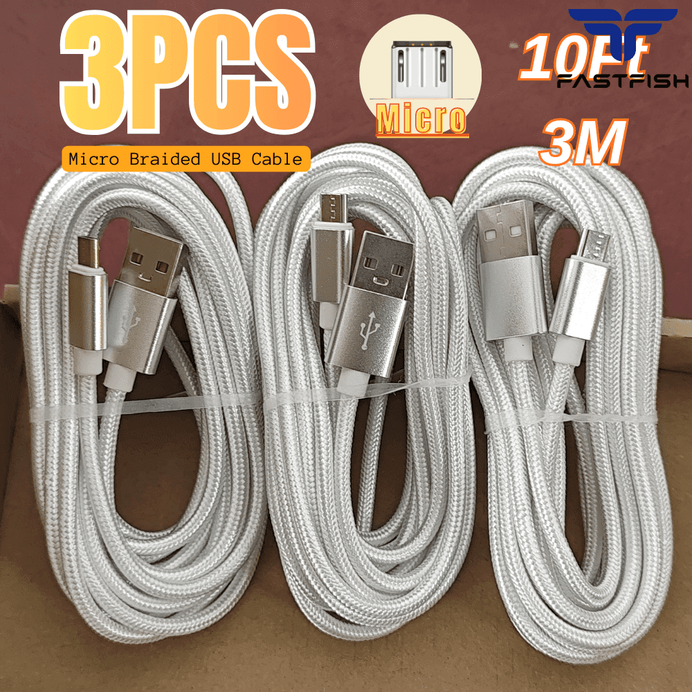 TEMU 3pcs Micro Usb Cable Nylon Braided Cord 10ft Long Usb Micro Cable Fast Charger Data Cord For Fastfish Silvery