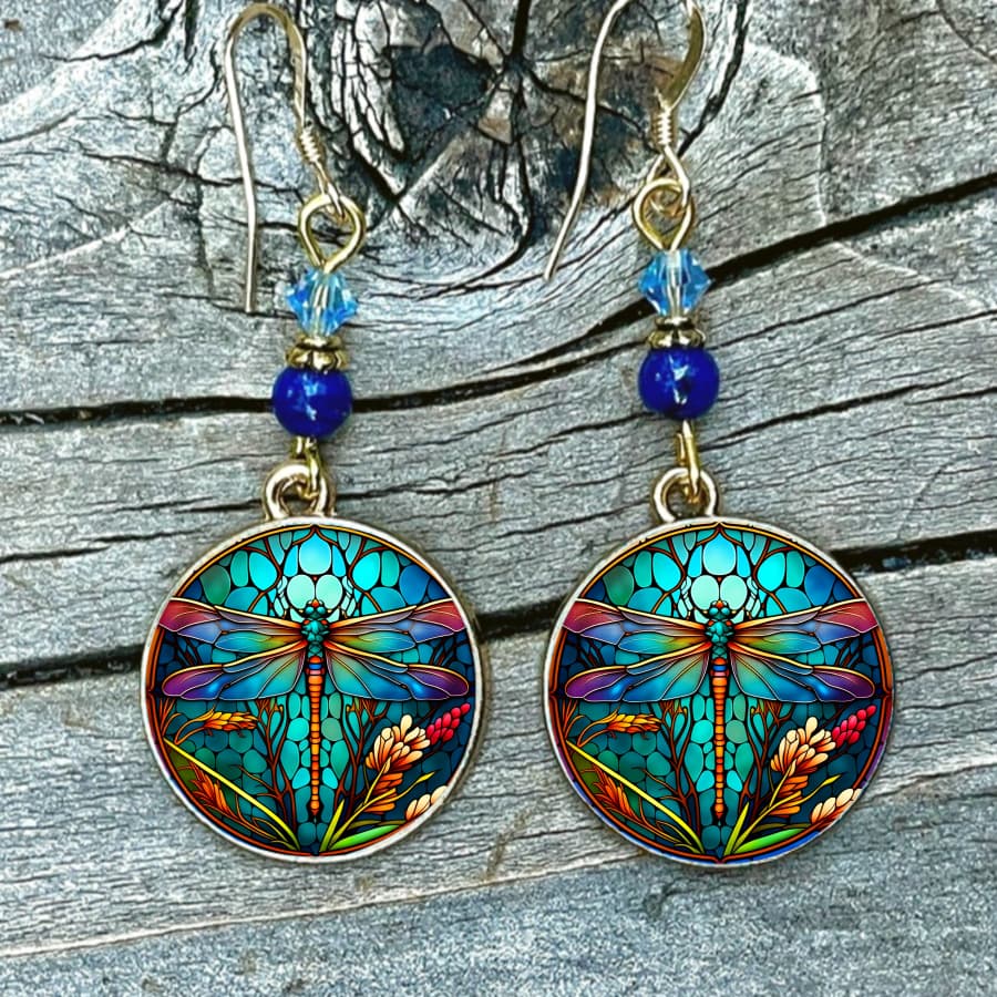 TEMU Unique Round Earrings Featuring A Dragonfly Design Made Of Stained Glass, Perfect For . Insect-themed Jewelry Pieces For Christmas, Valentine's Day, Or Any Occasion