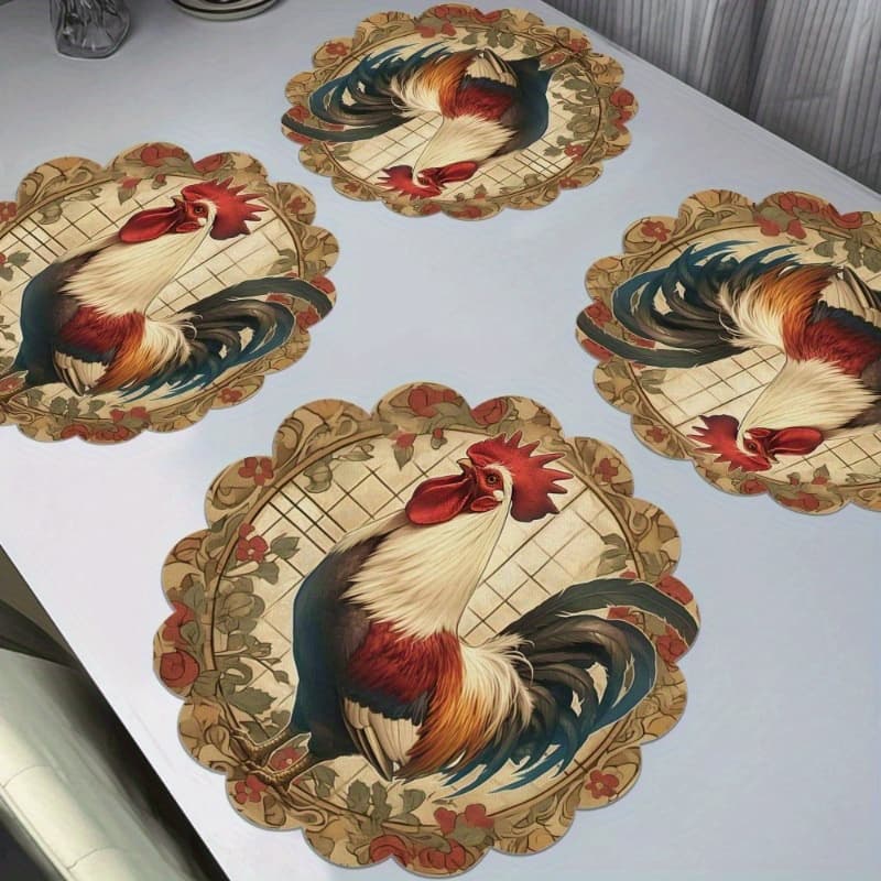 TEMU Set Of 4 Rustic Rooster Placemats - 15" Round Heat Resistant Non-slip Placemats, Bright Rooster And , Festive Dining Room Decor, Kitchen And Dining Room, Kitchen Rooster Decor