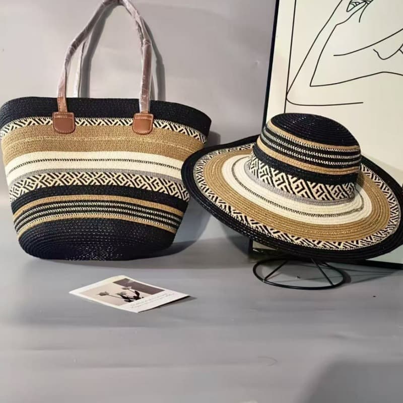 TEMU Wind Vacation Straw Hat And Straw Bag 2pcs Set Sun Hat Fashion Tote Bag Set