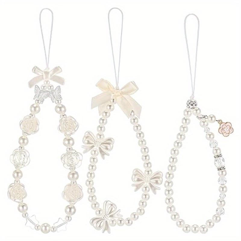 TEMU Set Of 3 White Korean Bowknot Phone Chains With Gentle Camellia Beads, Wrist Lanyard For Phones, Anti-loss Chain, Decorative Additions For Women's Handbags
