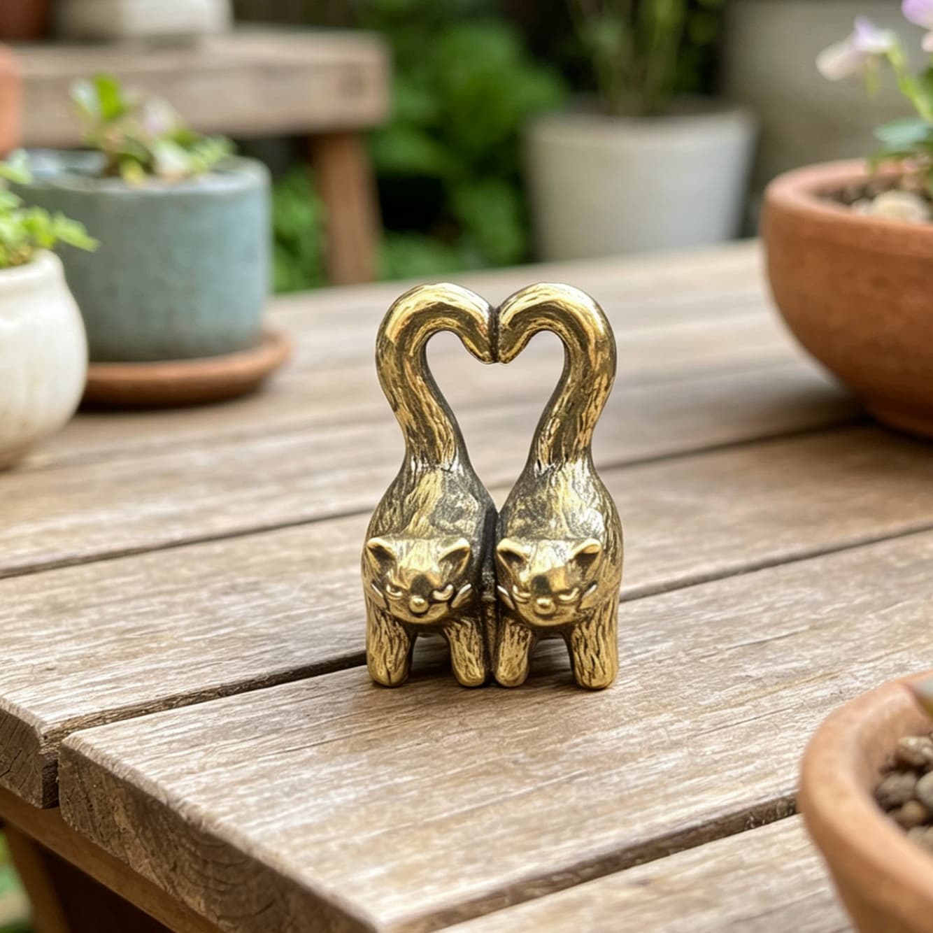 TEMU Handmade Vintage Brass Figurine Ornament, Heart-shaped Tail Couple Kittens, Creative Desktop Decoration