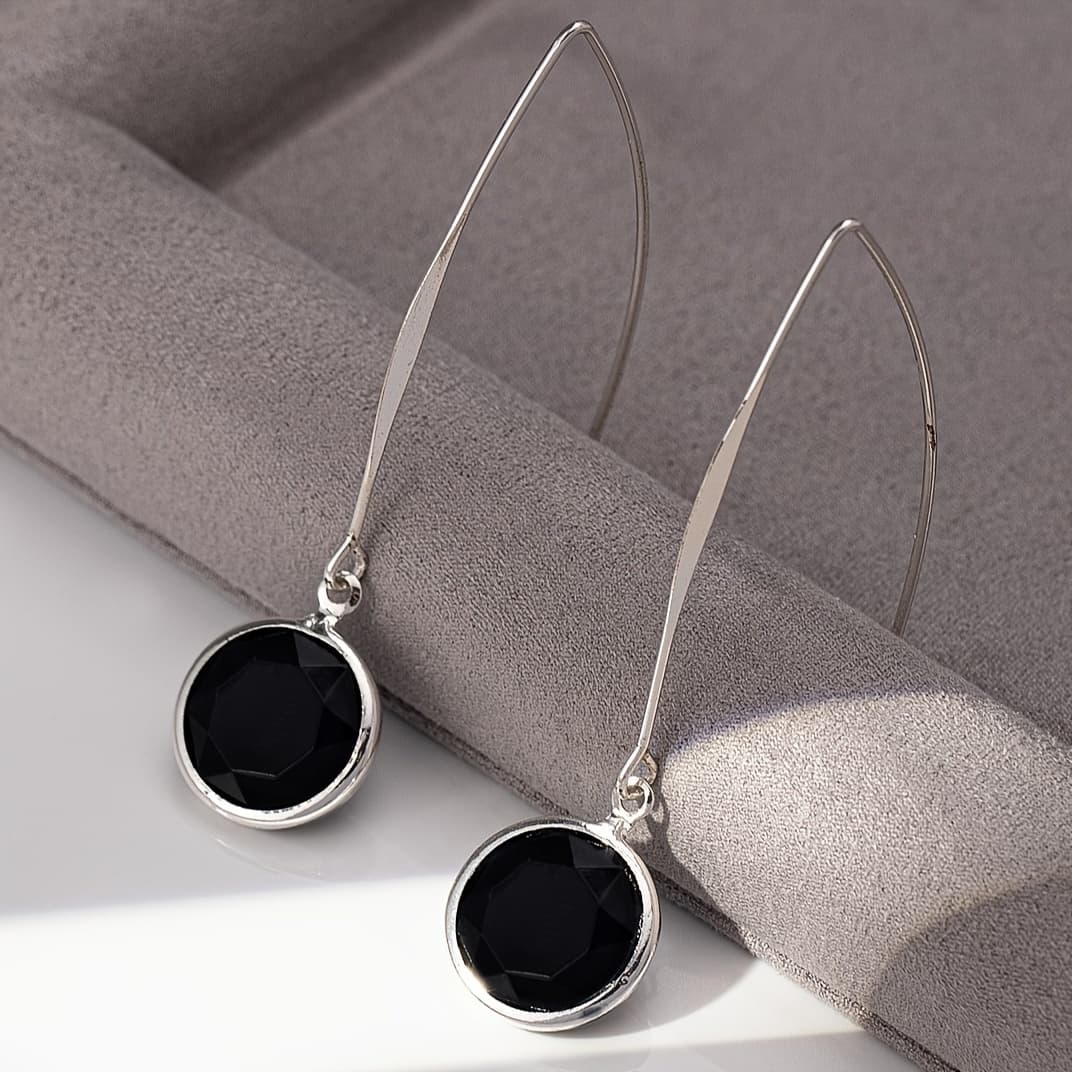 TEMU 1 Pair Of Elegant Black Round 925 Silver Plated Pendant Earrings - Simple , Stylish And Simple Stud For A Casual Look