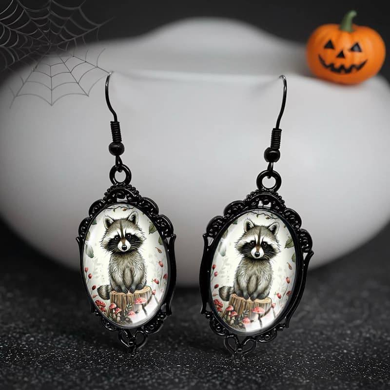 TEMU 1 Pair Of Mushroom Raccoon Black Lace Earrings Oval Drop Handmade Jewelry Gift