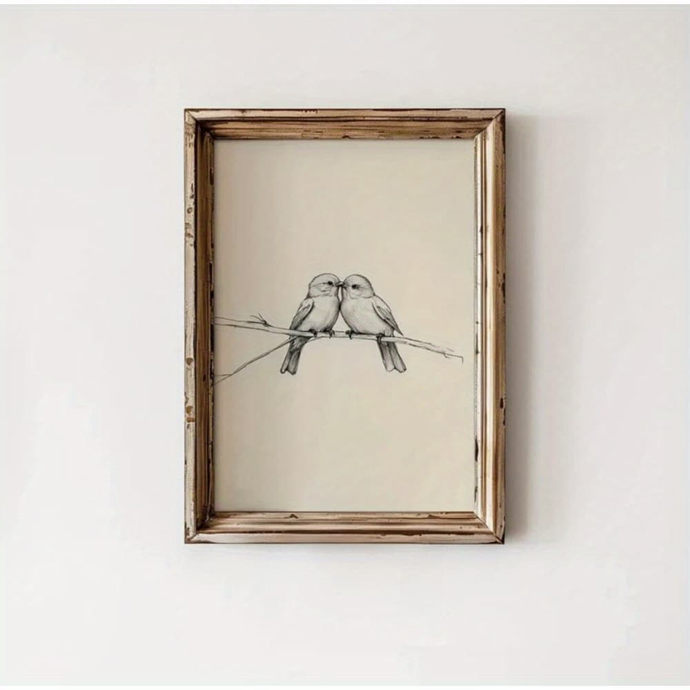 TEMU 2d Flat, 2d Flat, 1pc, Wall Art, Vintage Poster, Birds In A Branch Art Print, Easy Animal Sketch Drawing, Living Room Decor, Bedroom Decor Aesthetic, Housewarming Gift, Unframed