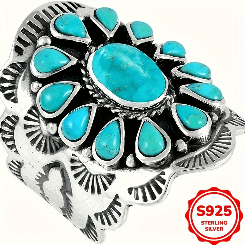 TEMU Vintage And Gorgeous Wide-faced Women's Synthetic Turquoise Ring, Cocktail Party Birthday Party, Antique Design 925 Sterling Silver Ring, Bohemian Style, Carved Totem Ring