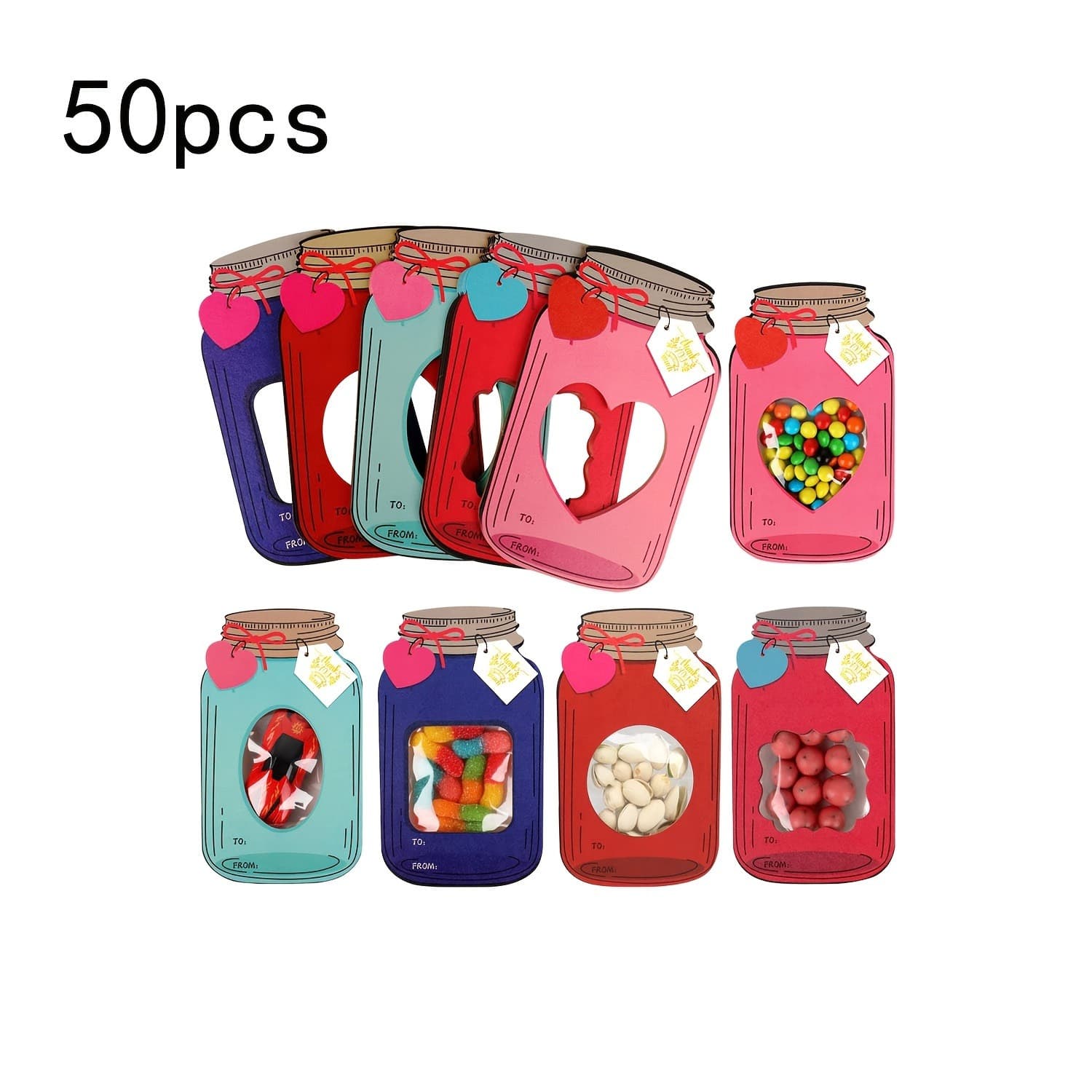 TEMU 50-pack Valentine's Day Cards, Mason Jar Happy Valentine's Day Cards, Fun Classroom Gifts, School Birthday Wedding Cards (candy Not Included), Suitable For Gift Wrapping