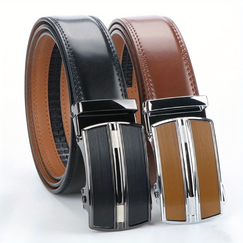 TEMU 2pcs Genuine Leather Ratchet Belt For Men - Adjustable Automatic , Versatile Casual , Durable Alloy , High-quality Leather Panel, And Suitable For Any Occasion