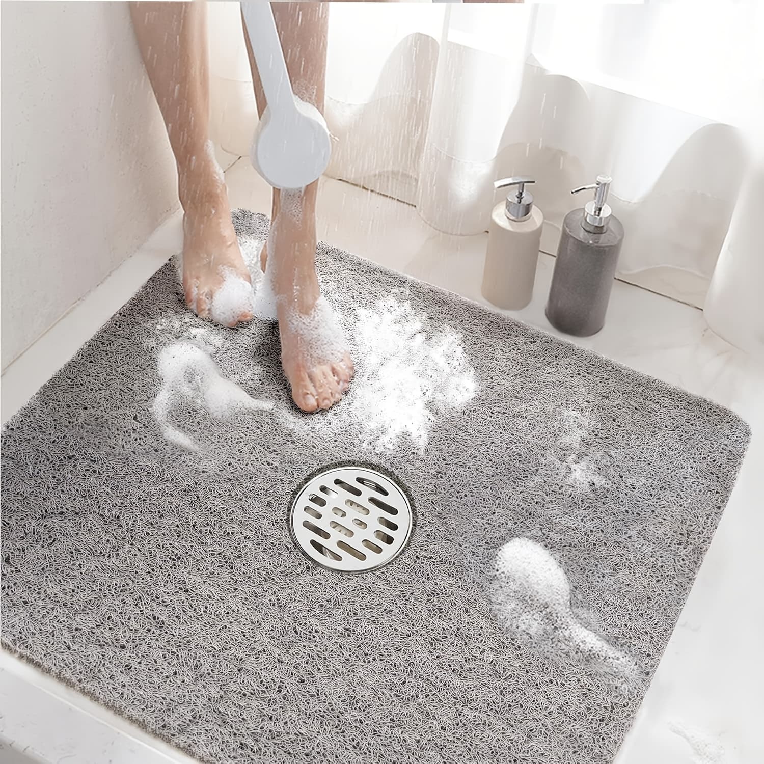 TEMU 24x24inch Square Shower Mat| Non-slip Soft Pvc Loofah Bath Mat With Drainage Holes