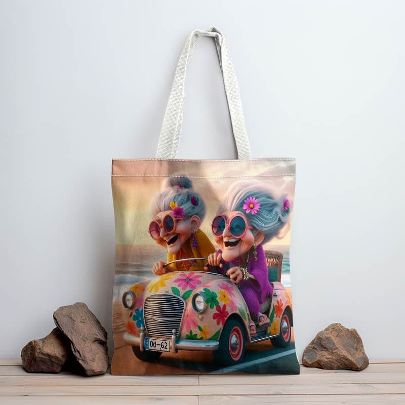 TEMU 1pc Grandma Canvas Tote Bag, Large Capacity Portable Reusable Shopping Bag, Foldable With Fixed Shoulder Strap, Printed Design, , Machine Washable, Ideal For Travel And Beach