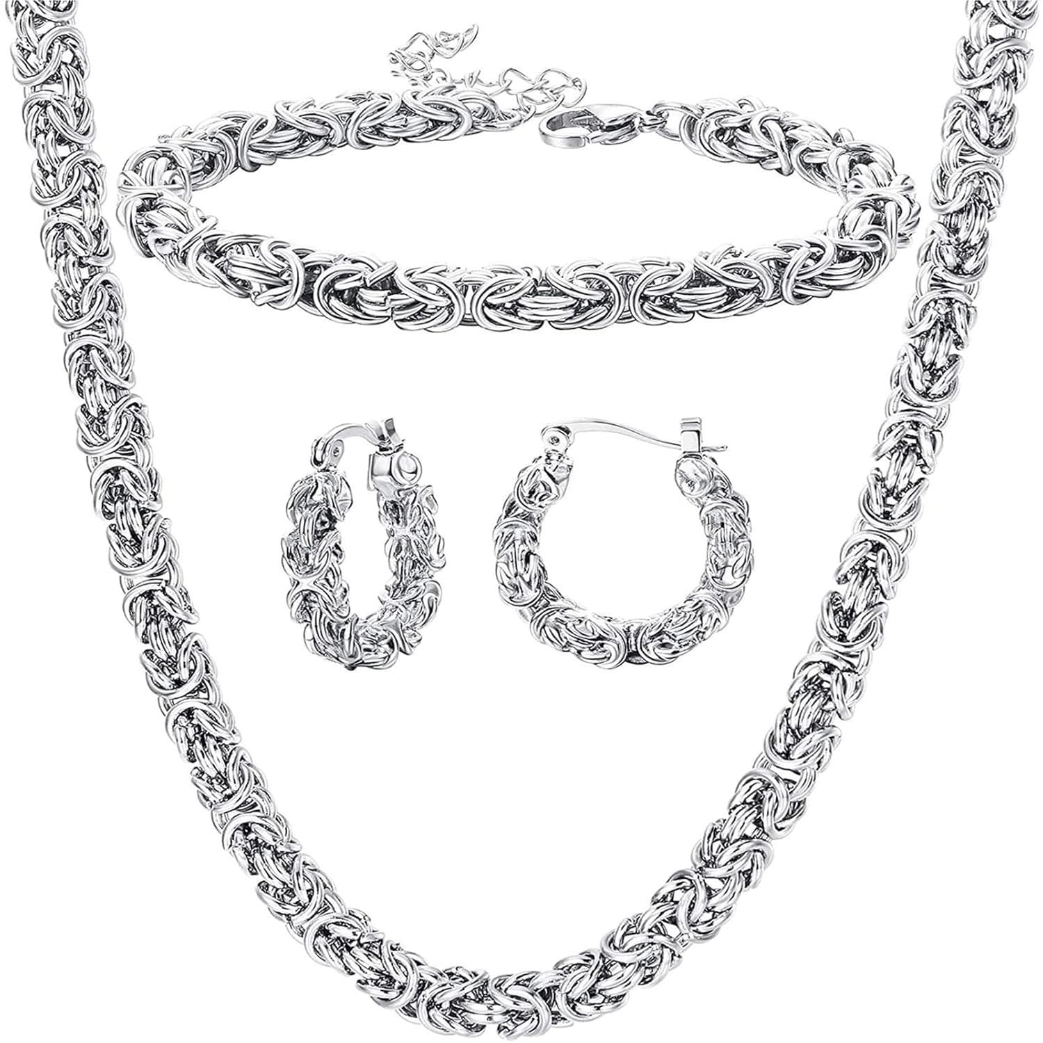 TEMU Stainless Steel Byzantine Chain Necklace Bracelet Earrings For Women Jewelry Set