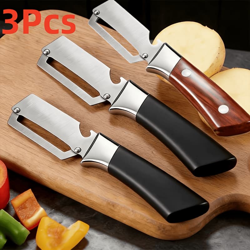 TEMU 3pcs Stainless Steel Peeler And Bottle Opener Set (black And Dark Red) - Right-handed Multifunctional Kitchen Tool, Fruits And Vegetables, Perfect 32pcs Holiday Gift Set
